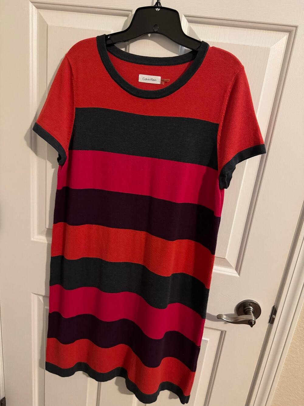 Calvin Klein Multi-Color Striped Knit Sweater Cap Sleeve Dress Red Purple Gray L